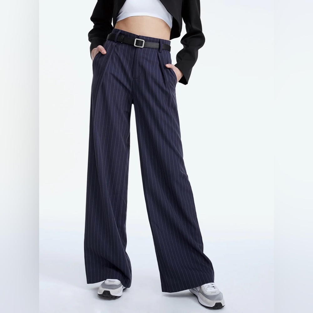 High Waisted Wide Leg Pinstripe Trousers - Blue